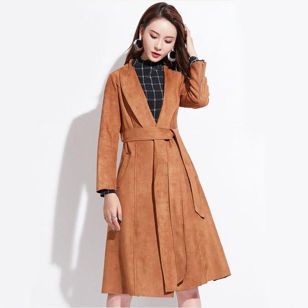 

women's trench coats autumn women classic long suede turn-down collar elegant thin coat with belt lady business slim outwear, Tan;black