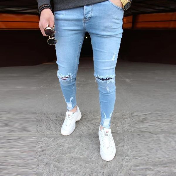 

men's jeans mens solid color 2021 fashion slim pencil pants casual hole ripped design streetwear, Blue