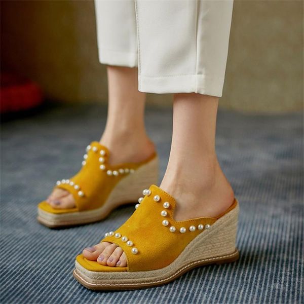 

slippers pxelena luxury pearls modern women 2021 summer wedge high heels platform kid suede slides party date dress shoes ladies, Black