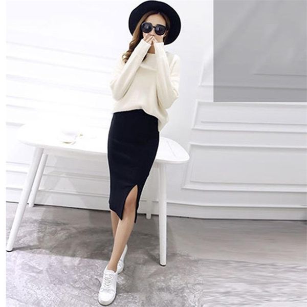 

skirts summer women chic pencil elegant solid office skirt package hip split waist midi bottoms female 6 color, Black