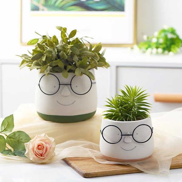 

planters & pots nordic style human face wear glass flower vase cement pot with tray personality cute fleshy green radish potted plant