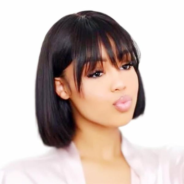 

short brazilian human hair wig full machine made pixie cut with bangs natural black lace front wigs for women, Black;brown