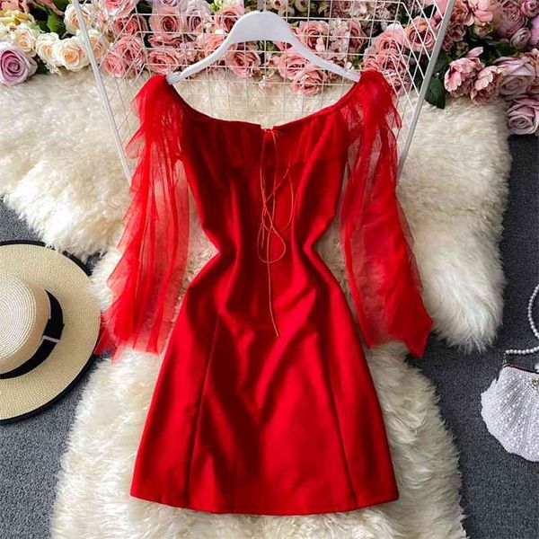 

spring autumn fashion temperament slim dress slimming mesh stitching long-sleeved one-way neck strapless uk544 210506, Black;gray