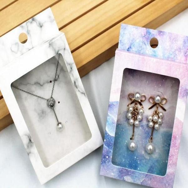 

marble paper jewelry package boxes with clear pvc window mini hanging necklace earring display gift wrap