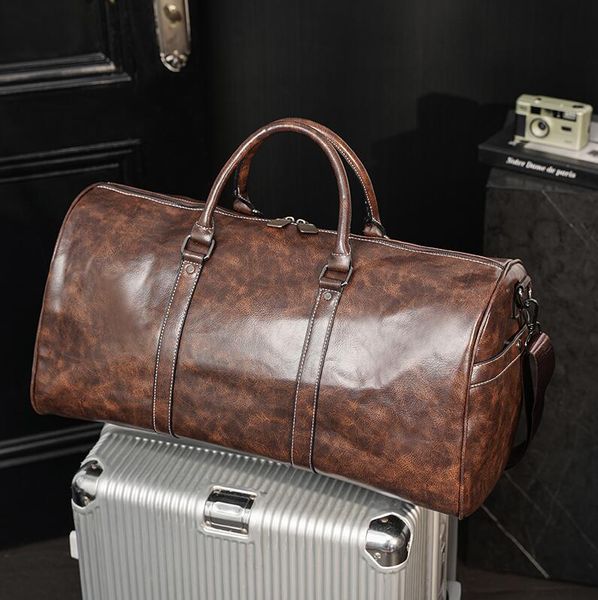 

wholesale factory men leather shoulder bags large capacity horizontal retro wax pu travel bag outdoor sports fitness leisure handbag joker c