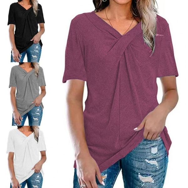 

women's t-shirt women cross knot breathable polyester summer short sleeve for daily wear, White