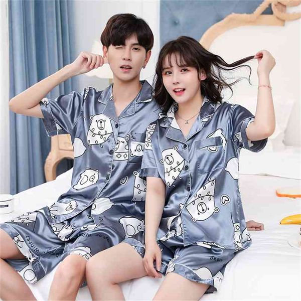 

couples lovers pajamas set short-sleeved summer pyjama loose men faux silk style couple pijama set sleepwear pants 210809, Black;red