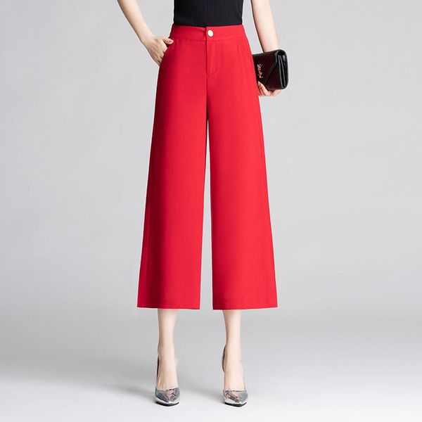 

women's pants & capris red 2021 summer women fashion elegant high waist wide leg office lady plus size casual loose straight trousers 2, Black;white