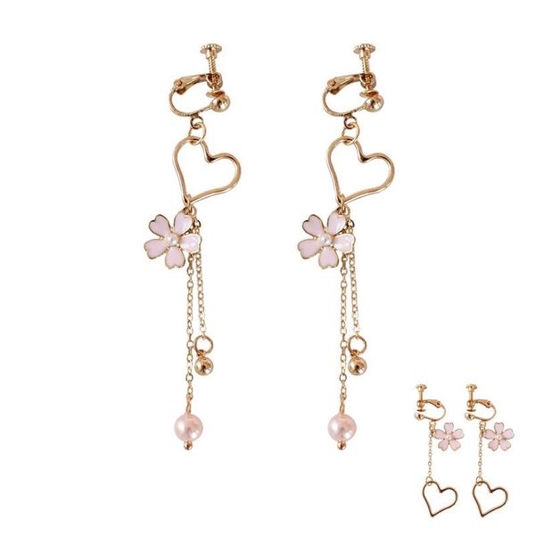 

clip-on & screw back japanese gold color sweet flower long tassles earrings hollow heart crystal pink sakura clip for femme girls gifts, Silver