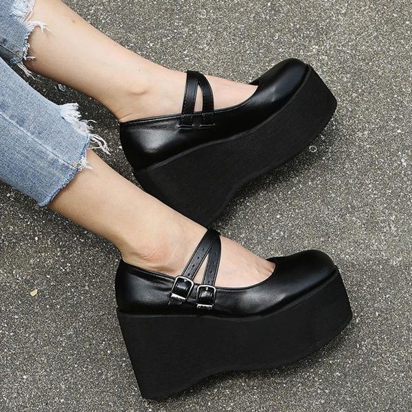 

dress shoes ladies fashion casual vintage platform wedges buckle up leather women's kawaii japanese slope heel thick sole matt, Black