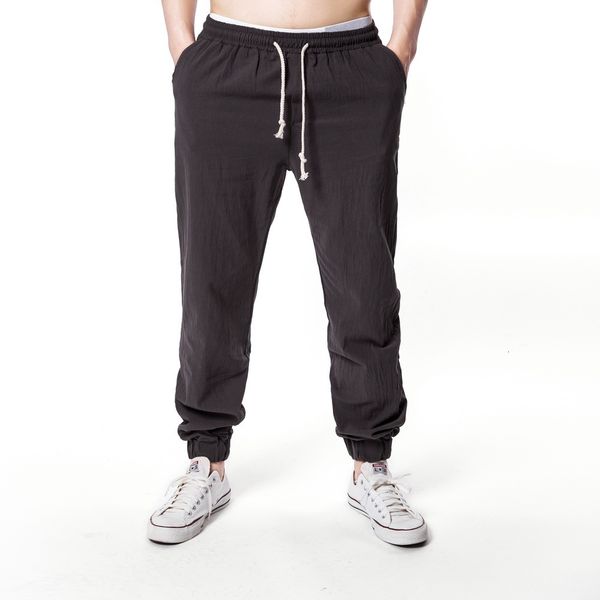

men's pants mens british cotton and linen the drawstring tightens waist pure color loose style casual sweatpants 1hdm, Black