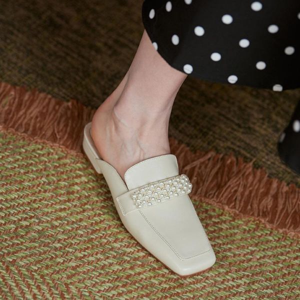 

shoes woman's slippers cover toe loafers string bead slides low 2021 rome hoof heels pu fabric rubber retro basic, Black