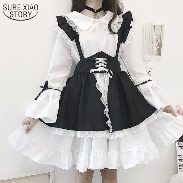 Сладкая черно-белая лолита платье женщин горничная костюм готическая вечеринка вспышка рукава эс японский стиль Vestido 13646 210508