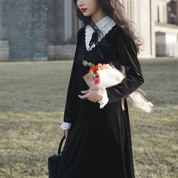 

casual dresses winter sweet vintage black dress women 2021 long sleeve lace gothic one piece korean retro elegant female, Black;gray