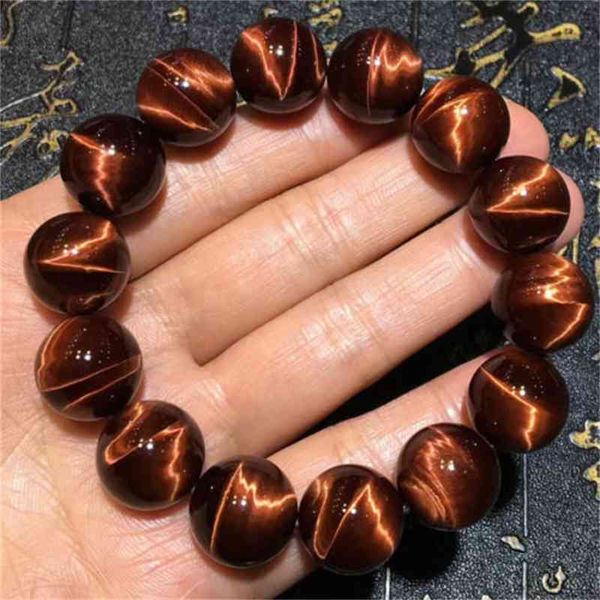 

100% natural brazil red tiger gemstone round beads bracelet 14mm for women men strong cat eye crystal drop aaaaa, Golden;silver