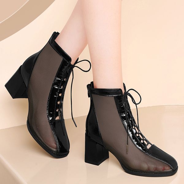 

net boots hollow women's summer 2021 black gauze high heeled sho