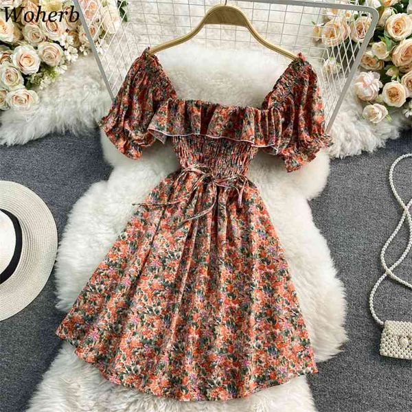 

women korean floral dress summer robe sweet puff sleeve square collar ruffle dresses pleated lace-up slim vestidos mujer 210519, Black