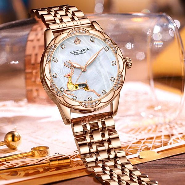 

wristwatches rose gold stainless steel mesh strap bracelet watches ladies watch women white ceramic skeleton automatic mechanical, Slivery;brown