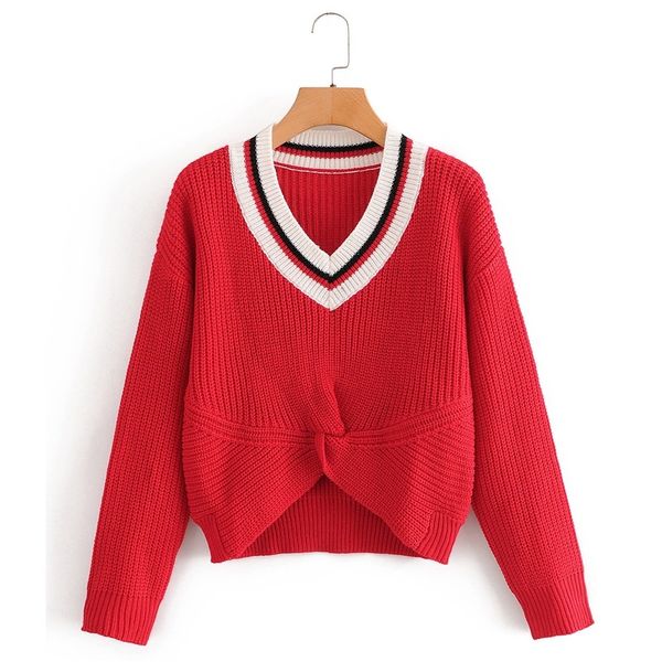 HSA inverno roupas mulheres v pescoço sólido torcido e suéteres vermelho cruz manga longa jumpers curto pullover 210417