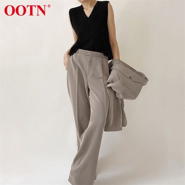 

ootn office lady pleated loose zipper wide leg pants women solid button floor-length female high waist trousers autumn 211007, Black;white