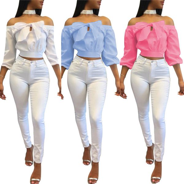 

t-shirt t-shirt l0098 women's summer one neck bow (3 colors), White