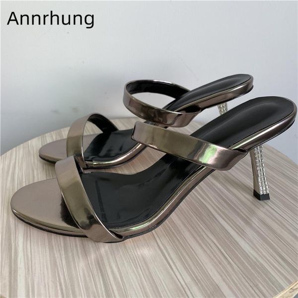 

slippers bright patent leather narrow band slip-on mules crystal rhinestone thin heel diamond high summer women, Black