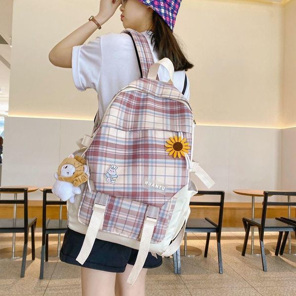 

school bags fashion plaid for teenage girls student nylon backpack women high schoolbag large casual bookbag 2021