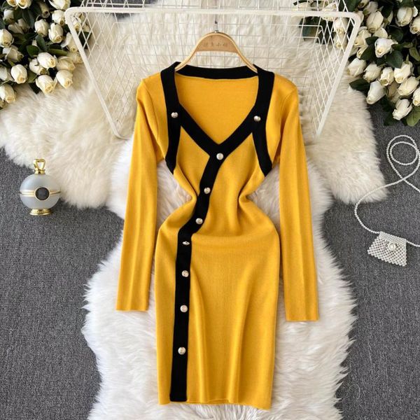 

casual dresses winter thick sweater dress women long sleeve v neck elastic slim sheath autumn fashion bodycon knit, Black;gray