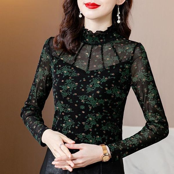 

women's blouses & shirts spring autumn women elegant lace ruffle blouse female korean fashion printed mesh long sleeve half turtleneck, White