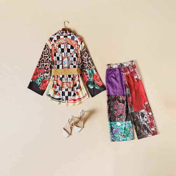 

european and american catwalk high-quality court style printed shirt + straight cropped pants suit, White