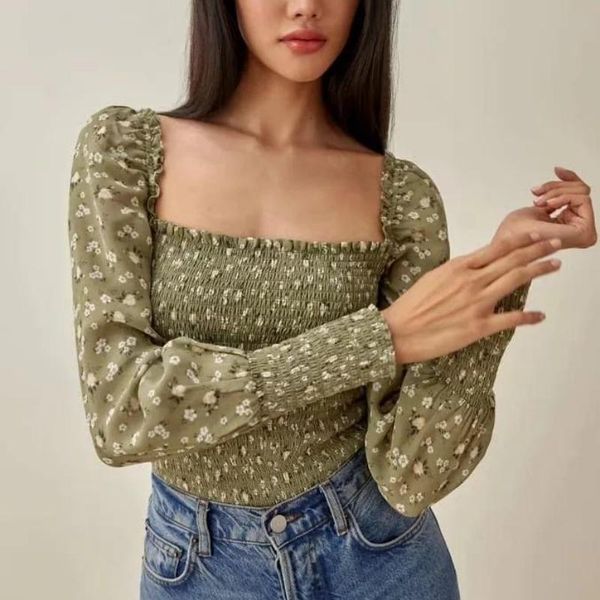

women's blouses & shirts summer vintage crop women long sleeve casual 2021 square neck floral blouse puff ruched green, White
