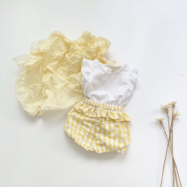 

summer ins cotton jacquard shirt baby girl's vest fly sleeve ruffle, White