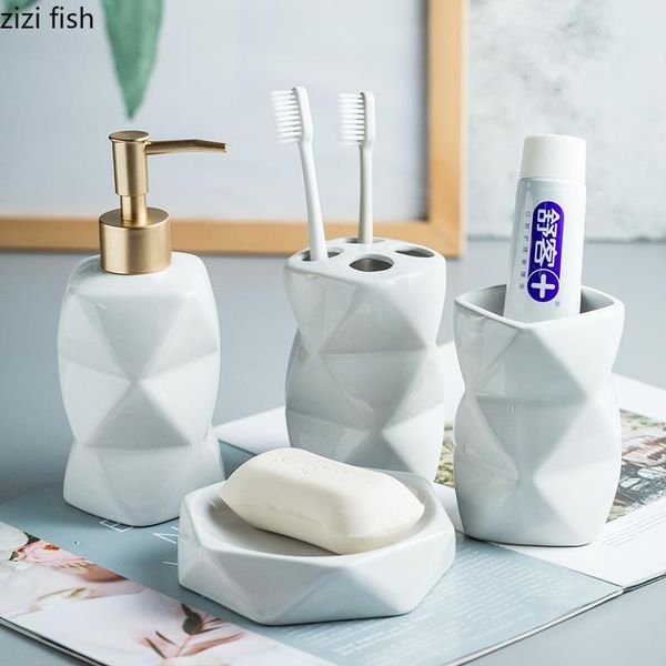 

4pcs ceramic bathroom accessory diamond type soap dispenser pump bottle home couple mouthwash cup dish set bath