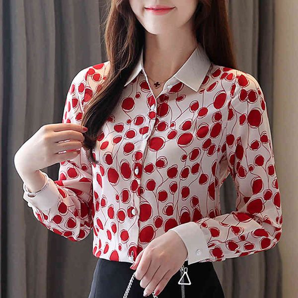 

blouses shirt point print women blouse chiffon long sleeve autumn office vintage elegant feminina blusa 937d 210420, White