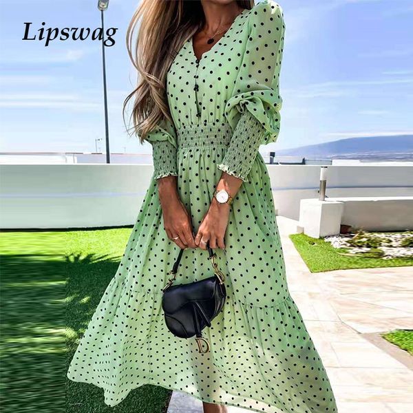 

women elegant dot print maxi beach dress v neck button lady party dress new fashion spring summer long sleeve chiffon dresshigh quality, Black;gray
