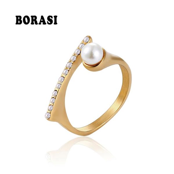 

cluster rings borasi pearl crystal for women cz fashion jewelry stainless steel gold color trendy engagement party gift, Golden;silver
