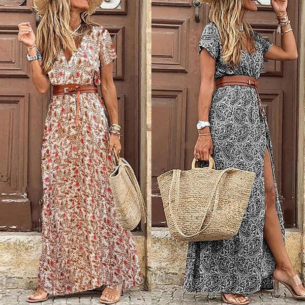 

maternity dresses 2021 summer women v neck short sleeve paisley print belt large hem beach long dress with, White
