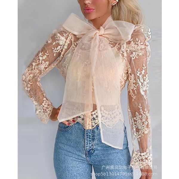 

women's t-shirt wepbel elegant mesh floral embroidery hollow out shirt ladies fashion lace patchwork bow tie neck, White