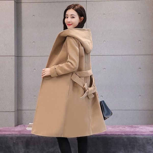 

women's wool & blends korean fashion winter woolen coat female long hooded autumn lapel solid loose jacket 4mu7, Black