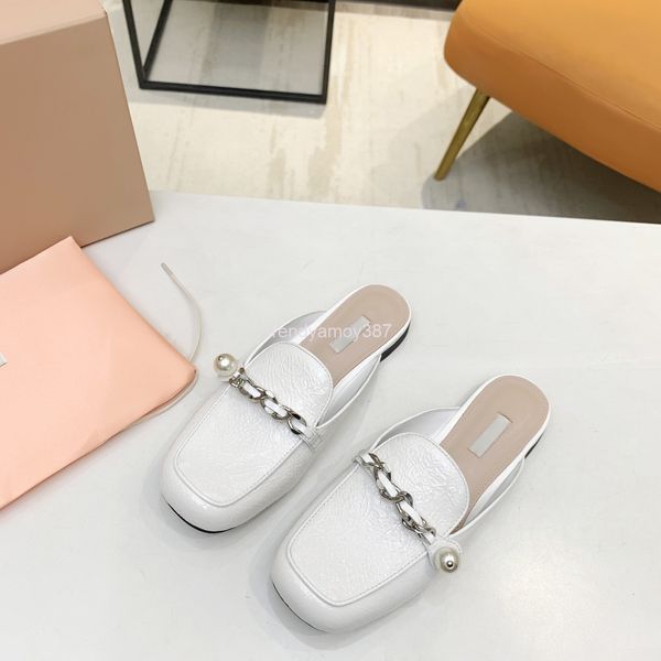 

slippers summer style baotou slippers single shoes women's square head chain pearl flat sandals, Black