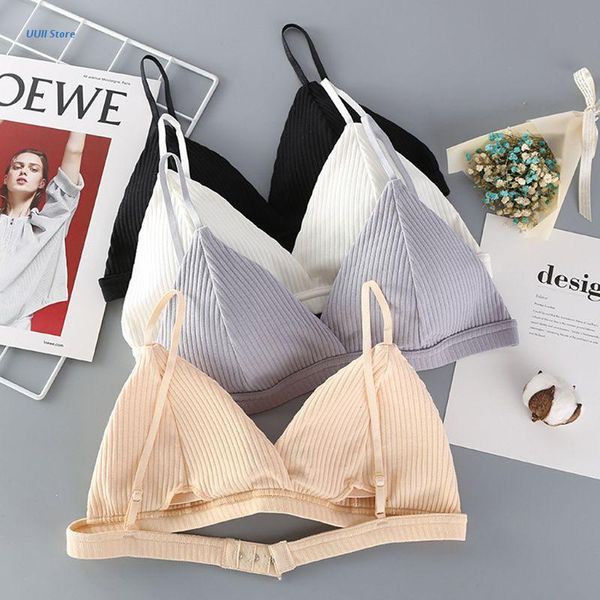 

bras women girls v-neck triangle bra thread ribbed cotton wireless bralette seamless solid color spaghetti straps brassiere, Red;black