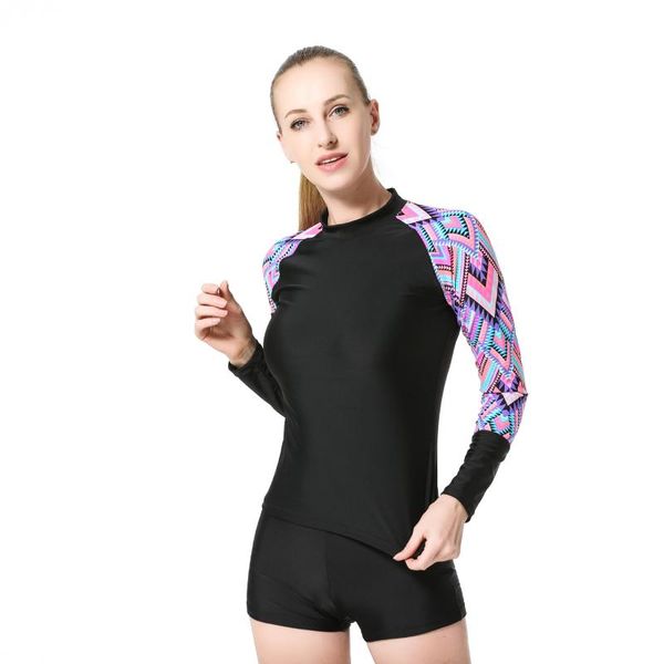 

european and american stitching fashion boxer female conservative long-sleeved sports muslim casual surfing swimsuit one-piece suits