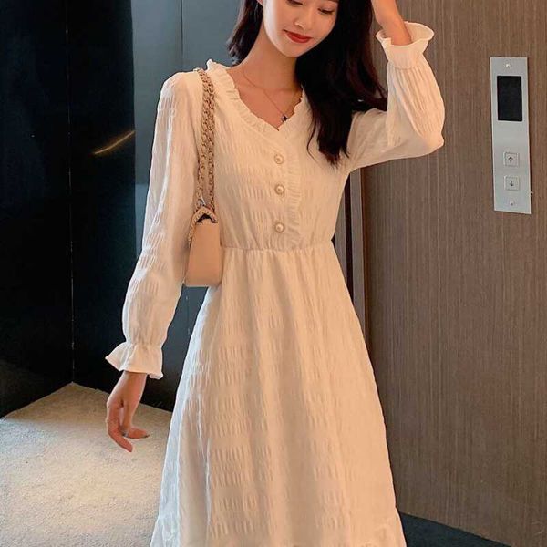 

luxury casual drs2021 hepburn french white long sleeve dr's waist closing temperament show thin mid length fairy drs, Black;gray