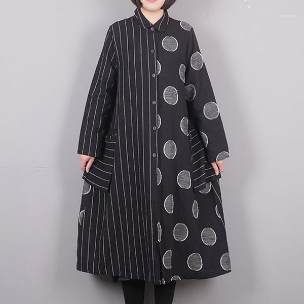 

casual dresses fashion tide autumn retro women loose plus irregular linen striped dot long sleeve dress tc325, Black;gray