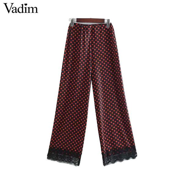 

women's pants & capris vadim women vintage dot print lace patchwork elastic waist ankle length trousers retro female chic long pantalon, Black;white