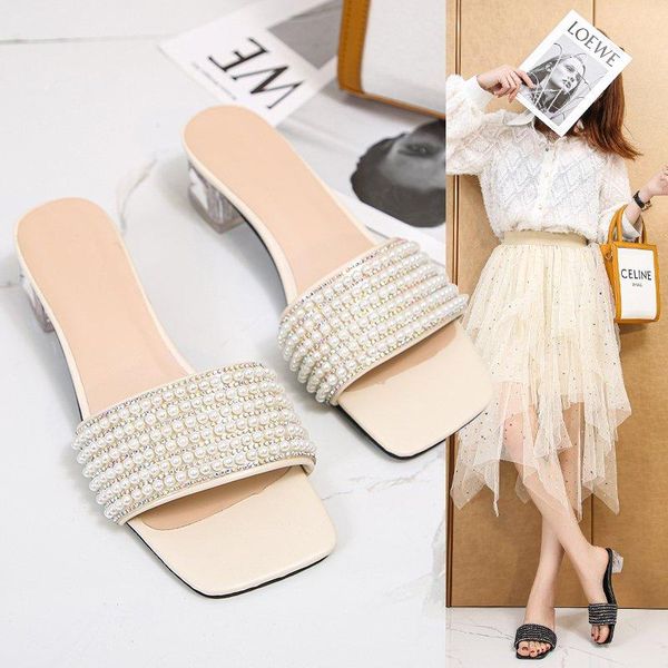 

slippers summer mid-heel rhinestone transparent women's 2021 crystal high-heeled sandals fashionable large size 45, Black