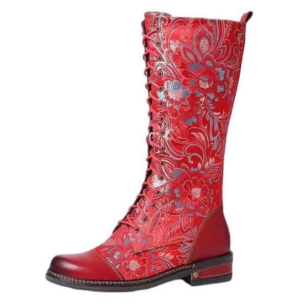 

boots 2021 large fashion national style lace up front thick heel embroidered flower high tube knight, Black