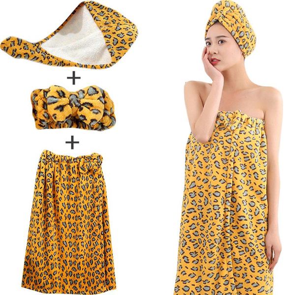 

towel hairband dry hair cap bath skirt three piece suit double-sided coral velvet leopard pattern water absorption