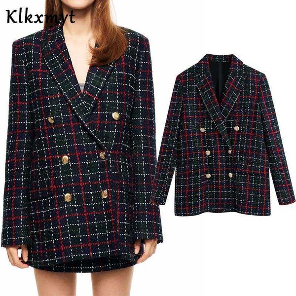 Klkxmyt za preto xadrez blazer mulher jaqueta feminino escritório casual manga longa metal duplo breasted mulheres verificadas casaco 210527