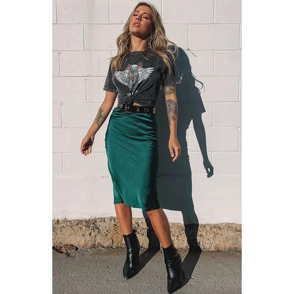 

elegant glossy satin fashion party womens skirts office solid high waist emerald, Black